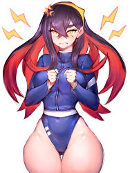 Rule 34 | 1girl, adapted costume, alternate breast size, bare legs, blue hair, blue jacket, blue leotard, breasts, carmine (pokemon), clenched hands, clenched teeth, creatures (company), curvy, fumio (rsqkr), game freak, headband, highleg, highleg leotard, highres, jacket, large breasts, leotard, long hair, looking to the side, mole, mole under eye, multicolored hair, nintendo, pokemon, pokemon sv, red hair, shiny skin, simple background, solo, teeth, thick thighs, thighs, thong leotard, two-tone hair, white background, wide hips, yellow eyes, yellow headband