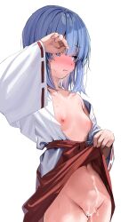Rule 34 | 1girl, blue eyes, blue hair, blush, breasts, clothes lift, cum, cum in pussy, hakama, hakama lift, highres, japanese clothes, kanzarin, kanzarin (vtuber), lifted by self, long sleeves, miko, nipples, original, red hakama, short hair, simple background, small breasts, standing, virtual youtuber, white background