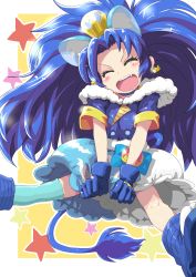 Rule 34 | 10s, 1girl, :d, ^ ^, animal ears, blue gloves, blue hair, blue theme, blue thighhighs, blush, cat ears, cat tail, closed eyes, cure gelato, earrings, closed eyes, fang, food-themed hair ornament, gloves, hair ornament, highres, jewelry, kirakira precure a la mode, lion ears, lion tail, long hair, magical girl, moyamu, open mouth, ponytail, precure, short sleeves, single thighhigh, smile, solo, star (symbol), tail, tategami aoi, thighhighs