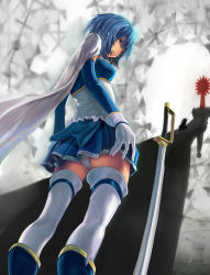 Rule 34 | 10s, 1girl, blue eyes, blue hair, cape, elsa maria (madoka magica), from below, gloves, highres, magical girl, mahou shoujo madoka magica, mahou shoujo madoka magica (anime), miki sayaka, panties, pantyshot, short hair, sword, thighhighs, underwear, weapon, witch&#039;s labyrinth, xiamianliele
