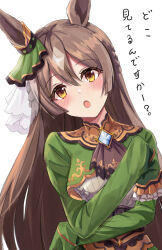 Rule 34 | 1girl, animal ears, blush, braid, brown hair, commentary request, covering breasts, covering privates, dress, ear ornament, french braid, green dress, hair between eyes, highres, horse ears, horse girl, kuroganeruto, long hair, looking at viewer, open mouth, satono diamond (umamusume), simple background, sleeves past fingers, sleeves past wrists, solo, translation request, umamusume, upper body, very long hair, very long sleeves, white background, yellow eyes