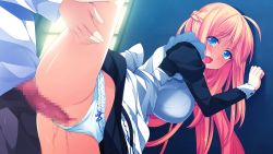 Rule 34 | 1girl, against wall, blonde hair, blue eyes, blush, breasts, censored, clothed sex, clothing aside, donuthouse, furoura aruse noriumu neon, game cg, large breasts, leg up, legs, long hair, looking back, maid, mayachi (amuriya), mosaic censoring, open mouth, panties, panties aside, penis, pussy, sex, standing, thighs, underwear, vaginal, valkyrie runabout!, white panties