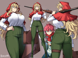 Rule 34 | 1boy, 1girl, ass, blonde hair, blue eyes, breasts, capelet, cloak, green pants, grimm (red hood), gun, holding, holding suitcase, hood, hood up, hooded capelet, hooded cloak, huge breasts, hunting rifle, large breasts, long hair, pants, pantylines, peach88, red capelet, red hood, red hood (kawaguchi), rifle, shirt, suitcase, tented shirt, thigh strap, velou (red hood), very long hair, weapon