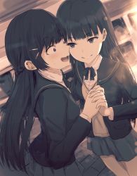 Rule 34 | 2girls, absurdres, amagami, ayatsuji tsukasa, black bow, black hair, black jacket, blazer, blurry, blurry background, bow, brown eyes, collared shirt, commentary request, crossover, depth of field, dutch angle, grey skirt, grin, hair ornament, hairclip, highres, holding hands, interlocked fingers, jacket, long hair, long sleeves, look-alike, misaki nonaka, multiple girls, nijisanji, open clothes, open jacket, open mouth, pleated skirt, purple eyes, shirt, skirt, smile, sweat, sweater vest, trait connection, tsukino mito, very long hair, virtual youtuber, white shirt