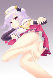 Rule 34 | 1girl, absurdres, ajax (azur lane), artist request, azur lane, barefoot, clothes lift, feet, foot focus, hat, head rest, highres, long hair, looking at viewer, panties, pantyshot, pov, red eyes, silver hair, skirt, skirt lift, smile, soles, toes, twintails, underwear