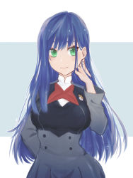 Rule 34 | 1girl, alternate breast size, alternate hairstyle, arm behind back, artist request, bad id, bad pixiv id, blue background, blue hair, closed mouth, darling in the franxx, green eyes, grey jacket, hair between eyes, hand on own cheek, hand on own face, highres, ichigo (darling in the franxx), jacket, long hair, long sleeves, looking at viewer, looking to the side, smile, solo, two-tone background, white background