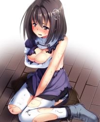 Rule 34 | 10s, 1girl, amanuki-san, between legs, black hair, blush, breasts, covering breasts, covering privates, embarrassed, gloves, haguro (kancolle), hair ornament, hand between legs, kantai collection, large breasts, looking away, medium breasts, pantyhose, pee, peeing, peeing self, puddle, short hair, single glove, sitting, solo, tears, thighhighs, torn clothes, torn legwear, wariza, wavy mouth, white gloves, white pantyhose