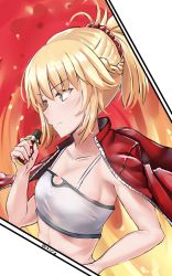 Rule 34 | 1girl, :t, bandeau, blonde hair, blue eyes, braid, candy, chocolate, chocolate bar, collarbone, eating, fate/apocrypha, fate (series), food, half updo, highres, i.f.s.f, jacket, jacket on shoulders, mordred (fate), mordred (fate/apocrypha), mordred (memories at trifas) (fate), open clothes, open jacket, ponytail, sidelocks, solo, twitter username