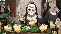 Rule 34 | 5girls, :&lt;, :d, :i, :o, ^ ^, angry, animal, animal on head, balancing, ball, banana, bird, blonde hair, blush, bow, bowl, breaking, brown eyes, brown hair, chalk, cheek bulge, chicken, closed eyes, clumsy nun (diva), commentary, dancing, diva (hyxpk), doll, doughnut, drawer, duck, duckling, english commentary, english text, eyewear on head, facepalm, finger to face, folded clothes, food, food in mouth, food on face, footprints, freckles, frog, froggy nun (diva), fruit, grey hair, habit, hair bow, hand on another&#039;s shoulder, hand puppet, heart, heart-shaped eyewear, highres, holding, holding bowl, hungry nun (diva), little nuns (diva), medal, motion blur, mouth hold, multiple girls, nervous, nervous sweating, nun, object on head, on head, open mouth, peeking, poster (object), puppet, red bow, red hair, scratching cheek, sheep nun (diva), smile, soccer ball, spicy nun (diva), squishing, sweat, sweatdrop, tinted eyewear, toy, toy block, traditional nun, yarn, yarn ball