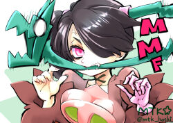 Rule 34 | 1girl, alternate color, anger vein, biting, black hair, breasts, claw pose, fangs, glowing, glowing eye, hair over one eye, hands up, large breasts, leviathan (skullgirls), mtk hoshi, pink eyes, side ponytail, skeletal arm, skullgirls, solo, squigly (skullgirls), upper body