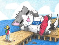 Rule 34 | 1boy, abyssal ship, agano (kancolle), anchor symbol, animal, animal ears, animalization, blue necktie, cat ears, cat tail, colored pencil (medium), commentary request, creatures (company), dainamitee, drooling, game freak, gen 1 pokemon, kantai collection, kuchiku i-kyuu, male protagonist (pokemon go), necktie, nintendo, open mouth, oversized animal, parody, pier, pikachu, poke ball, pokemon, pokemon (creature), red (pokemon), red skirt, school uniform, size difference, skirt, sleeping, snorlax, tail, traditional media