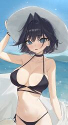 Rule 34 | 1girl, absurdres, alternate costume, arch 05x, arm up, bare shoulders, bikini, black bikini, black hair, blue eyes, blue sky, blush, breasts, cleavage, commentary, day, english commentary, fang, furrowed brow, hair intakes, halterneck, hat, highres, hololive, hololive english, large breasts, looking at viewer, mountainous horizon, navel, o-ring, o-ring top, ocean, ouro kronii, outdoors, parted lips, short hair, skin fang, sky, solo, straight-on, sun hat, swimsuit, upper body, virtual youtuber, water, white hat
