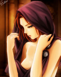 Rule 34 | 1girl, animification, breasts, cloak, dragon age, dragon age: origins, esther shen, from side, hood, hooded cloak, leliana (dragon age), looking at viewer, original, red hair, short hair, solo