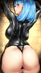 Rule 34 | 1girl, absurdres, against wall, arms up, arrest, ass, backboob, bad id, bad pixiv id, black panties, black shirt, black thighhighs, blue hair, blunt bangs, blush, breasts, cameltoe, closed mouth, cowboy shot, dantes ward, from behind, frown, highres, huge ass, large breasts, latex, lips, long hair, long sleeves, looking at viewer, looking back, original, panties, pink lips, purple eyes, revealing clothes, shirt, solo, taut clothes, taut shirt, thighhighs, thong, underwear, zipper pull tab