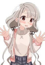 Rule 34 | 1girl, black ribbon, black skirt, blush stickers, brown eyes, collared shirt, commentary request, grey hair, hair over shoulder, hair ribbon, hands up, highres, hisakawa nagi, idolmaster, idolmaster cinderella girls, jacket, long hair, long sleeves, low twintails, open clothes, open jacket, parted lips, pleated skirt, ribbon, shirt, shiwa (siwaa0419), simple background, skirt, sleeves past wrists, solo, sweat, twintails, very long hair, white background, white jacket, white shirt