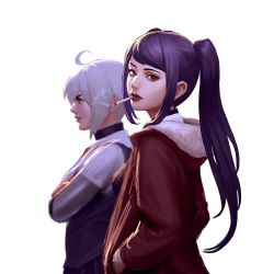 Rule 34 | 2girls, ahoge, cigarette, dana zane, hands in pockets, highres, hood, hooded jacket, jacket, jill stingray, lips, long hair, looking at viewer, multiple girls, nose, purple hair, red eyes, short hair, sidelocks, simple background, smoking, twintails, upper body, va-11 hall-a, white background, white hair, zhong lin