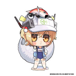 Rule 34 | 1girl, blonde hair, blue jacket, blue one-piece swimsuit, blush stickers, chibi, closed mouth, clothes writing, covered navel, crossed bangs, dot nose, fish, full body, goddess of victory: nikke, hair bobbles, hair ornament, hard hat, helmet, highres, jacket, light smile, liter (guardfish) (nikke), liter (nikke), long sleeves, looking at viewer, medium hair, no shoes, official alternate costume, official art, old school swimsuit, one-piece swimsuit, open clothes, open jacket, school swimsuit, solo, standing, swimsuit, thighhighs, thighs, totatokeke, white headwear, white jacket, white thighhighs, yellow eyes