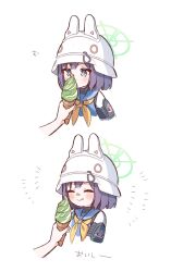 Rule 34 | 1girl, 2koma, blue archive, blue eyes, blue hair, blue sailor collar, blush, bright pupils, comic, commentary request, disembodied hand, feeding, food, food on face, halo, helmet, highres, hyakucha, ice cream, ice cream cone, licking lips, neckerchief, sailor collar, saki (blue archive), short hair, solo, tongue, tongue out, translated, upper body, white helmet, white pupils, yellow neckerchief