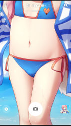 Rule 34 | 1girl, aged down, artist self-reference, bikini, blue bikini, blue sky, brown eyes, cameltoe, cloud, cloudy sky, commentary request, day, fake phone screenshot, fake screenshot, fate/grand order, fate (series), flat chest, food, food in mouth, head out of frame, highres, holding, holding swim ring, horizon, innertube, langbazi, letterboxed, long hair, lower body, mouth hold, navel, ocean, outdoors, pink hair, popsicle, revision, side-tie bikini bottom, skindentation, sky, solo, standing, stomach, swim ring, swimsuit, tamamo (fate), tamamo no mae (fate/extra), tamamo no mae (swimsuit lancer) (fate), water, wet