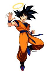 Rule 34 | 1boy, absurdres, black eyes, black hair, blue footwear, collarbone, commentary, dougi, dragon ball, dragonball z, english commentary, full body, halo, hand up, highres, knee up, looking at viewer, male focus, open hand, open mouth, orange pants, orange shirt, pants, sash, shirt, smgold, son goku, spiked hair, toned, toned male, toriyama akira (style), twitter username, undershirt, waving, white background, wristband