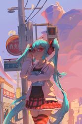 Rule 34 | 1girl, absurdres, adjusting eyewear, aqua hair, bird, black shirt, book, building, city, commentary, cowboy shot, frilled skirt, frills, glasses, hair ornament, hatsune miku, headphones, highres, holding, holding book, jacket, jewelry, long hair, looking at viewer, miniskirt, mori (user gdnz7828), natural (module), necklace, outdoors, plaid, plaid skirt, pleated skirt, project diva (series), red-framed eyewear, red eyes, shirt, signpost, skirt, striped clothes, striped thighhighs, sunset, thighhighs, traffic light, twintails, very long hair, vocaloid, walking, white jacket, zettai ryouiki