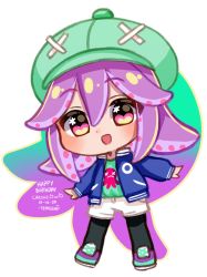 Rule 34 | :d, black eyes, black pantyhose, blue jacket, blush, cabbie hat, chibi, commentary, dated, english commentary, english text, gift art, green hat, green shirt, grey shorts, happy birthday, hat, heart, heart in eye, highres, jacket, long sleeves, looking at viewer, multicolored eyes, open clothes, open jacket, open mouth, original, pantyhose, purple eyes, purple hair, shirt, shoes, shorts, signature, smile, standing, star (symbol), star in eye, suction cups, symbol in eye, temachii, tentacle hair, yellow eyes