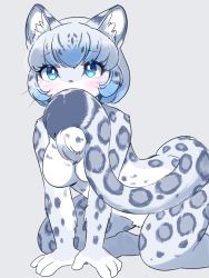 Rule 34 | 1girl, all fours, animal ear fluff, animal ears, biting, blue eyes, blush, body fur, breasts, female focus, furry, furry female, grey background, grey hair, highres, kemoribon, leopard ears, leopard tail, no nipples, nude, original, simple background, solo, tail, tail biting, whiskers