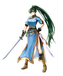 Rule 34 | 1girl, asymmetrical bangs, black gloves, blue dress, boots, braid, breasts, brown footwear, commentary request, delsaber, dress, eyelashes, female focus, fingerless gloves, fire emblem, fire emblem: the blazing blade, full body, gloves, gold trim, green eyes, green hair, hair ornament, high ponytail, highleg, highres, holding, holding sheath, holding sword, holding weapon, jewelry, katana, knee boots, long hair, looking at viewer, lyn (fire emblem), matching hair/eyes, medium breasts, nintendo, sash, sheath, short sleeves, simple background, smile, solo, sword, undershirt, very long hair, weapon, white background