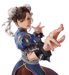 Rule 34 | 1girl, absurdres, asymmetrical bangs, bracelet, brown eyes, brown hair, capcom, china dress, chinese clothes, chun-li, double bun, dress, earrings, fighting stance, hair bun, highres, j-u-n06, jewelry, pelvic curtain, short sleeves, simple background, solo, spiked bracelet, spikes, street fighter, white background