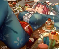 Rule 34 | 1girl, breasts, cake, covered erect nipples, feet out of frame, food, food request, fruit, hat, indoors, knees up, large breasts, long sleeves, looking at viewer, lying, mob cap, on back, parted lips, perspective, pink hair, plate, saigyouji yuyuko, short hair, solo, strawberry, touhou, triangular headpiece, tzafra