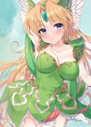 Rule 34 | 1girl, armor, armpits, arms up, awayuki ramika, blonde hair, blush, breasts, cleavage, closed mouth, collarbone, commentary request, dress, forehead jewel, gem, green dress, hair ornament, highres, long hair, looking at viewer, medium breasts, purple eyes, riesz, seiken densetsu, shoulder armor, smile, solo, standing, very long hair, winged hair ornament