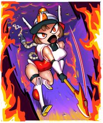 Rule 34 | 1girl, absurdres, ass, axe, black gloves, boots, breasts, brown hair, emphasis lines, fire, gloves, helmet, highleg, highleg leotard, highres, holding, holding axe, jumping, leotard, looking at viewer, medium breasts, mighty (series), mighty switch force!, minuspal, patricia wagon, red leotard, running, short hair, solo, sweat, thighhighs, weapon, wide hips