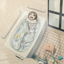 Rule 34 | 1boy, absurdres, avogado6, bath stool, bathing, bathroom, bathtub, brown hair, closed eyes, commentary, completely nude, crying, facing up, from above, glass door, highres, indoors, male focus, nude, open mouth, original, partially submerged, rubber duck, sad, shampoo bottle, short hair, shower head, solo, stool, tile floor, tile wall, tiles, wavy mouth