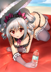 Rule 34 | 10s, 1girl, all fours, bad id, bad pixiv id, beach, bikini, bottle, drill hair, elbow gloves, frilled thighhighs, frills, gloves, idolmaster, idolmaster cinderella girls, kanzaki ranko, long hair, red eyes, silver hair, solo, swimsuit, takahata yuki, thighhighs, twin drills, twintails, water bottle