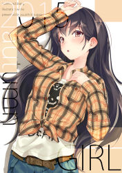 Rule 34 | 10s, 1girl, 2015, artist name, belt, black hair, blush, buttons, collared shirt, dress shirt, english text, front-tie top, hand on forehead, hand on own chest, kinugasa yuuichi, layered clothes, long hair, long sleeves, looking away, open clothes, open shirt, orange eyes, original, parted lips, plaid, plaid shirt, print shirt, red eyes, shirt, solo, text focus, tied shirt, unbuttoned, undershirt, upper body