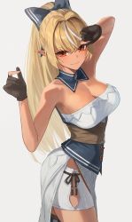 Rule 34 | 1girl, absurdres, arm up, armpits, black gloves, blonde hair, blue bow, blush, bow, breasts, cleavage, closed mouth, collarbone, commentary, corset, cowboy shot, dark-skinned female, dark skin, detached collar, elf, gloves, hair bow, hara kenshi, highres, hololive, large breasts, long hair, looking at viewer, multicolored hair, partially fingerless gloves, pointy ears, ponytail, red eyes, shiranui flare, shiranui flare (old design), shorts, smile, solo, streaked hair, symbol-only commentary, two-tone hair, underbust, very long hair, virtual youtuber, white hair, white shorts