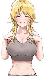 Rule 34 | 1girl, ^ ^, absurdres, ahoge, blonde hair, blush, breasts, cleavage, closed eyes, collarbone, facing viewer, grey sports bra, hachimiya meguru, highres, idolmaster, idolmaster shiny colors, korean commentary, large breasts, navel, pdal (pdalhhh), simple background, smile, solo, sports bra, stomach, twintails, upper body, white background