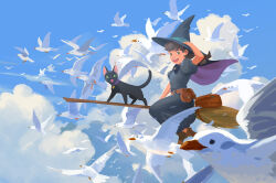 1girl above_clouds animal_collar aqua_ribbon bag belt belt_pouch bird black_cat blue_dress blue_sky brooch broom broom_riding brown_bag brown_footwear brown_hair cape cat cloud cloudy_sky collar commentary dress english_commentary flock flying full_body green_eyes grin hat hat_ribbon high_up holding holding_broom holding_hat holding_unworn_clothes jewelry long_hair looking_at_viewer original outdoors pouch puffy_short_sleeves puffy_sleeves purple_cape ribbon sandara seagull short_sleeves sky smile solo teeth too_many too_many_birds upper_teeth_only witch witch_hat