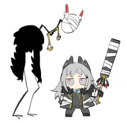 Rule 34 | 1girl, arknights, bandages, black coat, black gloves, black pants, black vest, blue necktie, chibi, coat, crossover, e.g.o (project moon), gloves, grey eyes, grey hair, head wings, holding, holding sword, holding weapon, irene (arknights), judgement bird, lobotomy corporation, long hair, long sleeves, necktie, pants, project moon, sidelocks, simple background, solo, south ac, sword, very long hair, vest, weapon, white background, wings