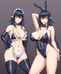 Rule 34 | 1girl, akitsuki karasu, animal ears, annerose vajra, apron, arm up, armpits, bikini, black bow, black bowtie, black choker, black gloves, black leotard, black thighhighs, blush, bow, bowtie, breasts, choker, cleavage, closed mouth, collarbone, commentary, commentary request, commission, covered navel, cowboy shot, crossed bangs, detached collar, elbow gloves, gloves, highleg, highleg leotard, highres, koutetsu no majo annerose, koutetsu no majo anneroze, large breasts, leotard, long hair, looking at viewer, maid, maid bikini, maid headdress, multiple views, navel, parted lips, playboy bunny, pointy ears, rabbit ears, sideboob, simple background, skeb commission, smile, swimsuit, tan, thighhighs, thighs, unconventional maid, underboob, white apron, wrist cuffs, yellow eyes