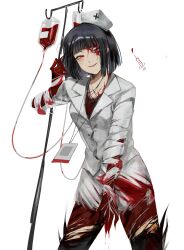 Rule 34 | 1girl, absurdres, black hair, blood, blood on clothes, bob cut, claws, e.g.o (project moon), grin, hat, highres, id card, intravenous drip, jacket, limbus company, looking at another, na-gyou (nunumaru), nurse cap, nymph (project moon), project moon, red eyes, ryoshu (project moon), short hair, simple background, skirt, smile, solo, white background, white hat, white jacket, white skirt, wing collar