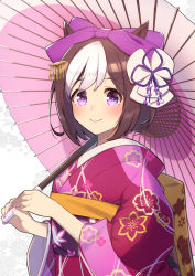 Rule 34 | 1girl, animal ears, blush, bow, brown hair, closed mouth, commentary request, floral print, hair bow, hair ornament, highres, holding, holding umbrella, horse ears, horse girl, japanese clothes, kimono, long sleeves, looking at viewer, multicolored hair, nonono (1399900), oil-paper umbrella, pink kimono, purple bow, purple eyes, short hair, smile, solo, special week (umamusume), two-tone hair, umamusume, umbrella, upper body, wide sleeves, yukata