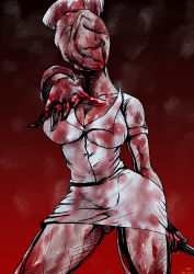 Rule 34 | 1girl, 2021, absurdres, artist request, blood, blood on clothes, blood on face, blood on hands, breasts, bubble head nurse, cleavage, curvy, dated, faceless, faceless female, gloves, hat, highres, holding, holding weapon, large breasts, miniskirt, monster girl, no eyes, nurse, nurse (silent hill), nurse cap, reaching, reaching towards viewer, red background, shiny skin, silent hill, silent hill (series), silent hill 2, simple background, skirt, solo, weapon, white gloves, wide hips