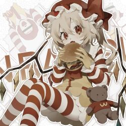 1boy 1girl ascot blonde_hair bow burger cosplay crystal_wings eating fang flandre_scarlet food frilled_shirt frilled_sleeves frills gloves hair_between_eyes hat hat_bow highres holding holding_burger holding_food long_sleeves looking_at_viewer mcdonald&#039;s mob_cap open_mouth rcs_4 red_ascot red_bow red_eyes red_hat ronald_mcdonald ronald_mcdonald_(cosplay) shirt short_hair sitting striped_clothes striped_thighhighs stuffed_animal stuffed_toy teddy_bear thighhighs touhou yellow_gloves yellow_shirt zettai_ryouiki