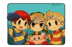 Rule 34 | 4boys, artist name, blue eyes, closed mouth, company connection, green shirt, kirby, kirby (series), kirby 64, link, looking at viewer, lucas (mother 3), mother (game), mother 2, mother 3, multiple boys, ness (mother 2), nintendo, open mouth, pointy ears, shirt, short hair, simple background, smile, super smash bros., the legend of zelda, the legend of zelda: the wind waker, tokuura, toon link