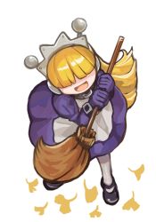 Rule 34 | 1girl, :d, android, apron, black footwear, blonde hair, blunt bangs, broom, buchi0122, covered eyes, dress, full body, gloves, highres, holding, holding broom, leaf, long hair, looking at viewer, open mouth, pantyhose, purple dress, purple gloves, shoes, simple background, smile, solo, tesse, waku waku 7, white apron, white background, white pantyhose