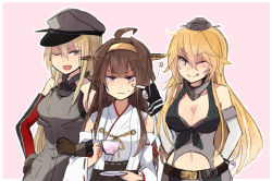 Rule 34 | 10s, 3girls, :d, :p, ;d, ;p, ahoge, anchor choker, annin musou, annoyed, arm behind back, bad id, bad pixiv id, belt, bismarck (kancolle), blonde hair, breasts, brown hair, cheek poking, collar, cup, detached sleeves, dress, elbow gloves, gloves, grey eyes, hair between eyes, hairband, hand on own hip, hat, headgear, holding, holding cup, iowa (kancolle), japanese clothes, kantai collection, kongou (kancolle), large breasts, locked arms, long hair, low neckline, midriff, mini hat, multiple girls, navel, nontraditional miko, one eye closed, open mouth, peaked cap, poking, saucer, skirt, smile, sweatdrop, teacup, tongue, tongue out, unamused, wide sleeves