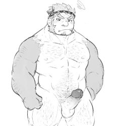 Rule 34 | 1boy, abs, bara, blush, chest hair, completely nude, cowboy shot, erection, facial hair, frown, goatee, goujuyu, greyscale, hachimaki, headband, large pectorals, leg hair, long sideburns, male focus, male pubic hair, mature male, monochrome, muscular, muscular male, navel, navel hair, nejiri hachimaki, nipples, nude, pectorals, penis, pout, pubic hair, short hair, sideburns, sketch, solo, stomach, tajikarao (housamo), thick eyebrows, thick thighs, thighs, tokyo houkago summoners, tusks, uncensored