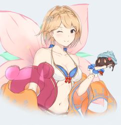 Rule 34 | 1girl, ;), adore (adoredesu), bikini, bikini top only, blonde hair, blue ribbon, bracelet, breasts, brown eyes, cleavage, collarbone, djeeta (granblue fantasy), djeeta (summer) (granblue fantasy), granblue fantasy, grey background, hairband, highres, holding, jewelry, looking at viewer, medium breasts, navel, one eye closed, ribbon, short hair, smile, solo, swimsuit, transparent, upper body, wrist cuffs