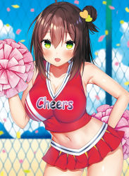 Rule 34 | 1girl, :d, ahoge, aozora nan, armpits, bare arms, bare shoulders, blue sky, blurry, blurry background, blush, breasts, brown hair, chain-link fence, cheerleader, cleavage, cloud, confetti, cowboy shot, crop top, day, dengeki moeou, depth of field, fence, green eyes, hair between eyes, hair bun, hair ornament, hand on own hip, hand up, heart, highres, holding, holding pom poms, large breasts, long hair, looking at viewer, midriff, miniskirt, navel, open mouth, outdoors, pleated skirt, pom pom (cheerleading), pom poms, red shirt, red skirt, shirt, side bun, single hair bun, single side bun, skirt, sky, sleeveless, sleeveless shirt, smile, solo, standing, thighs